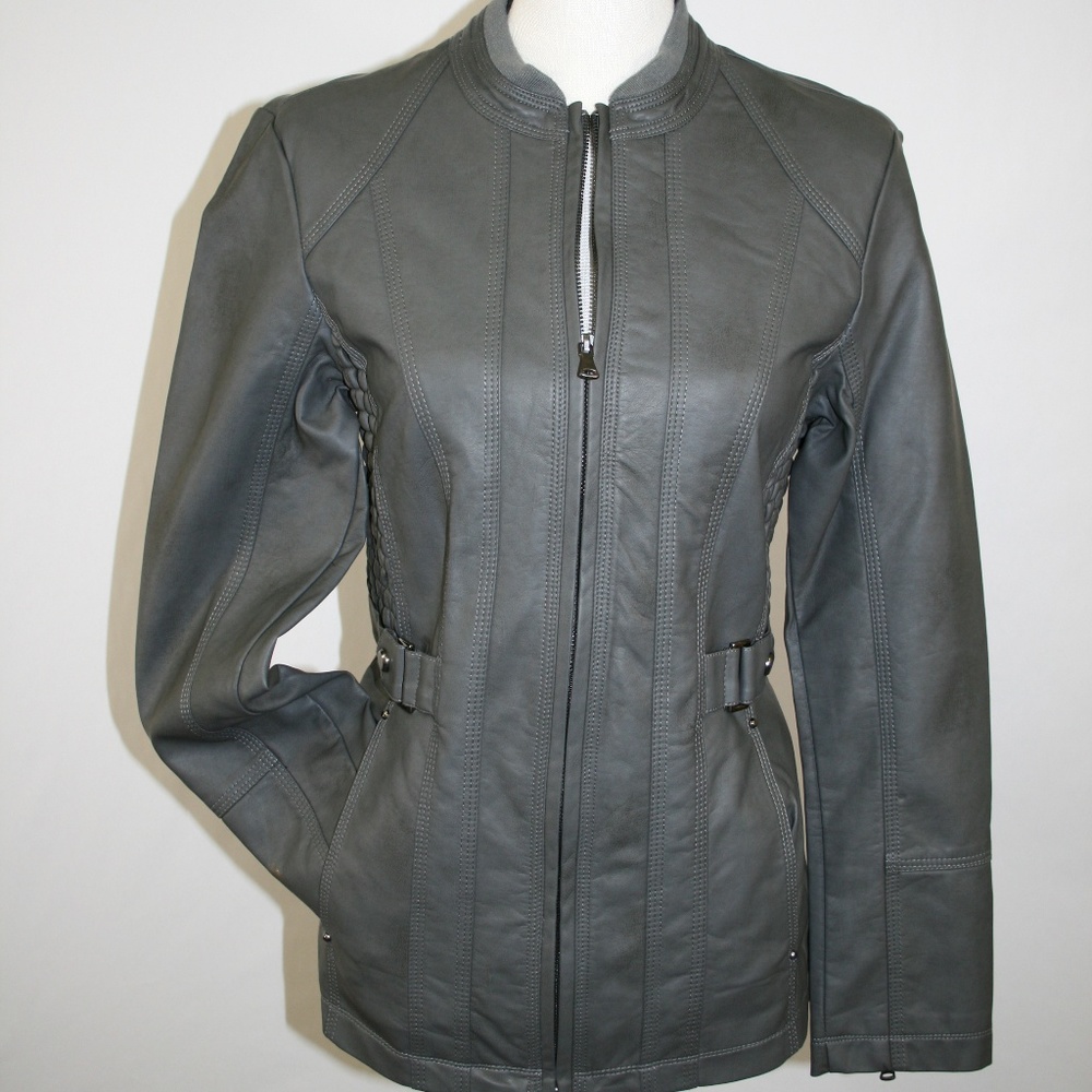 Faux Leather Zip Front Jacket, Pewter